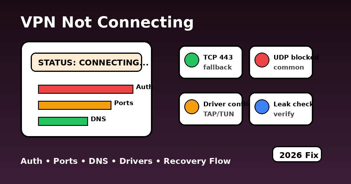 VPN not connecting recovery dashboard with auth, port, DNS and driver checks